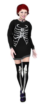 Red Haired Girlin Skeleton Outfit PNG