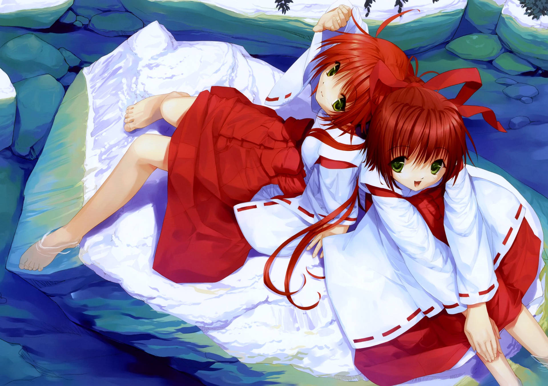 A pair of beautiful twin red-haired anime girls. Wallpaper