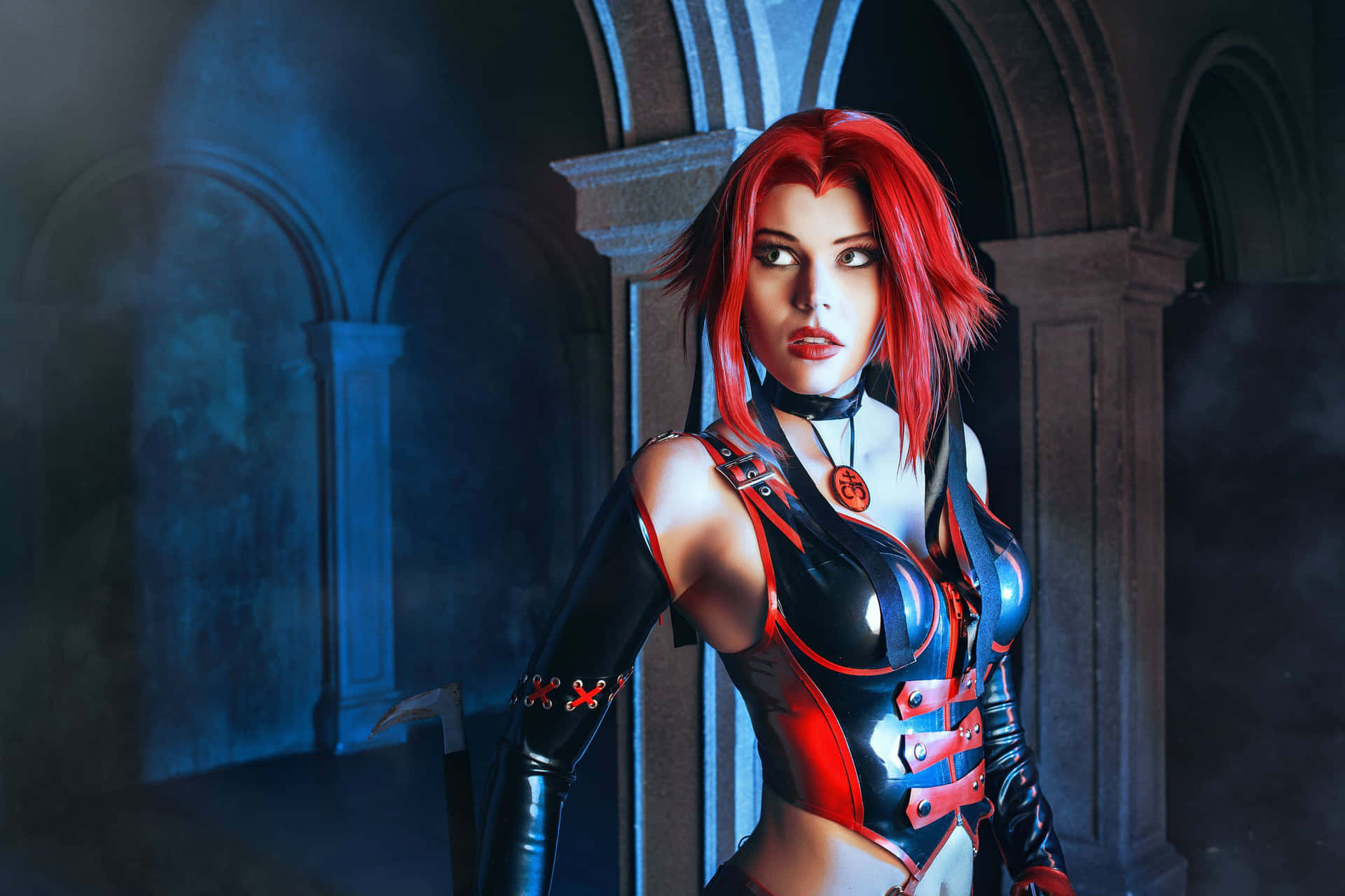 Red Haired Warriorin Gothic Hallway Wallpaper