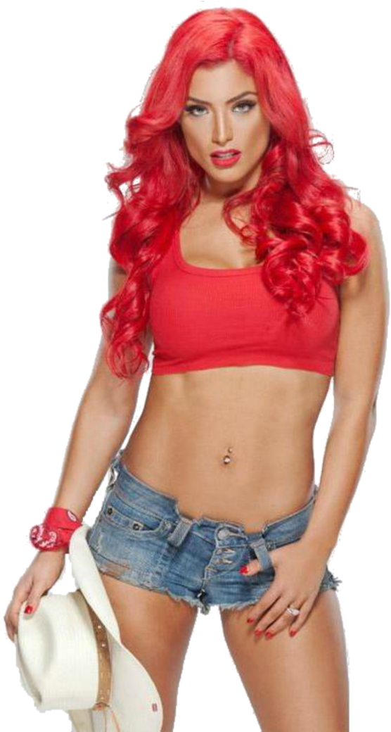 Red Haired_ Woman_in_ Red_ Top_and_ Denim_ Shorts PNG