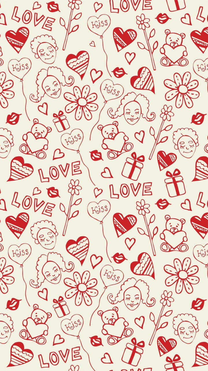 Red Hearts And Flowers Love Drawing Wallpaper