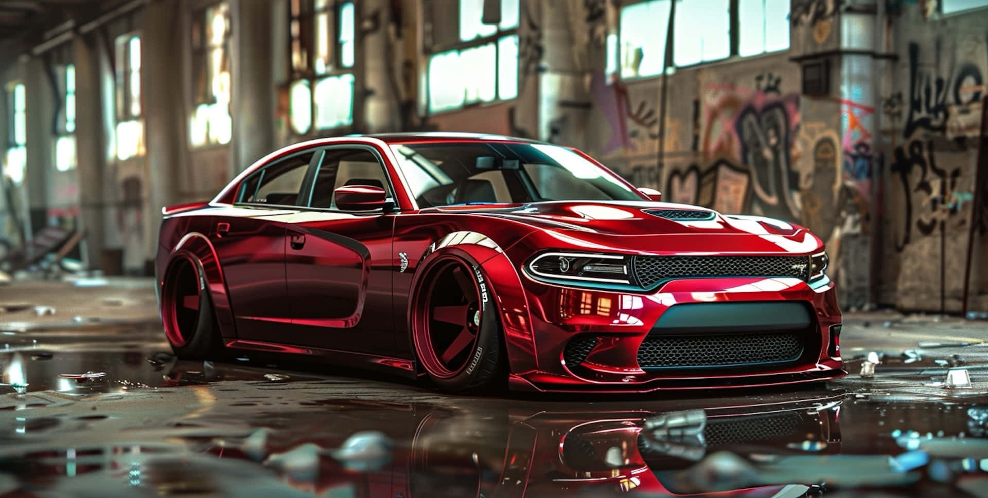 Red Hellcat Charger Industrial Backdrop Wallpaper