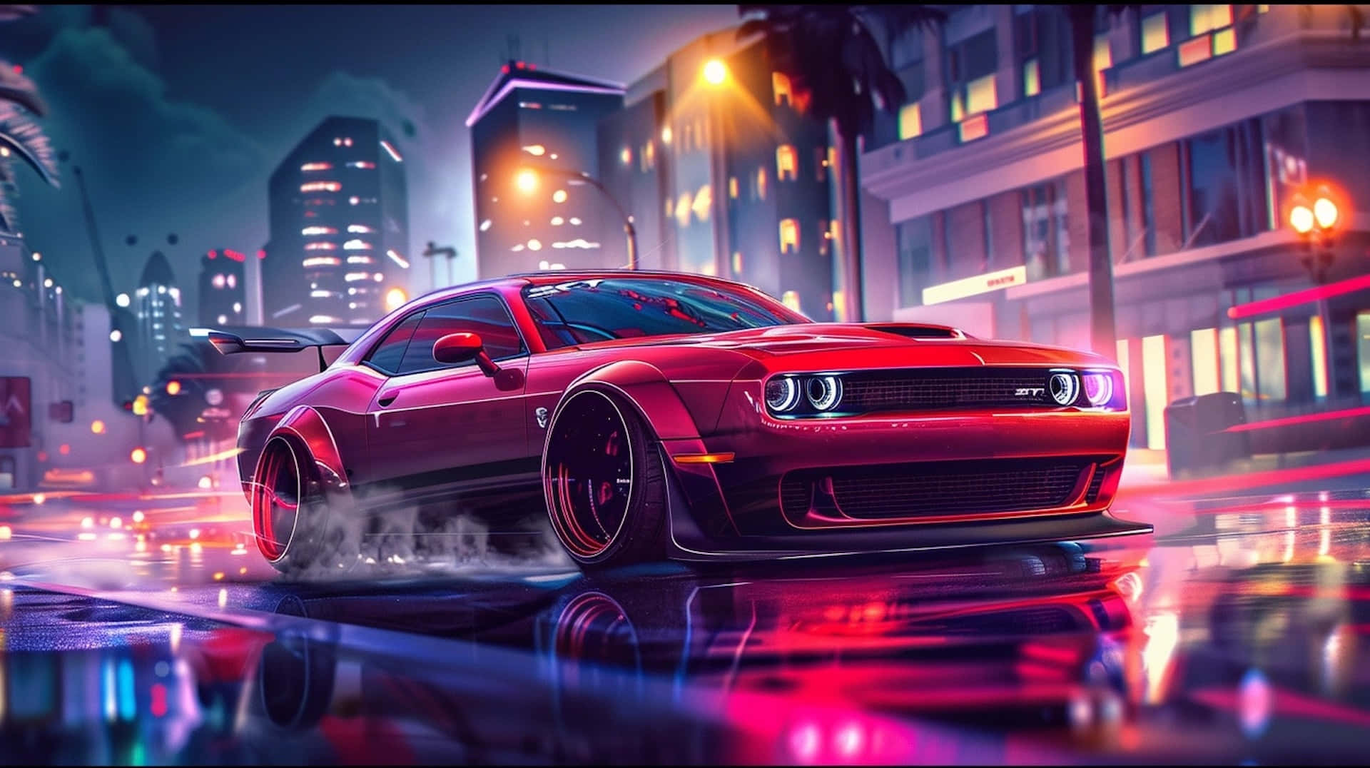 Red Hellcat Charger Night Cityscape Wallpaper