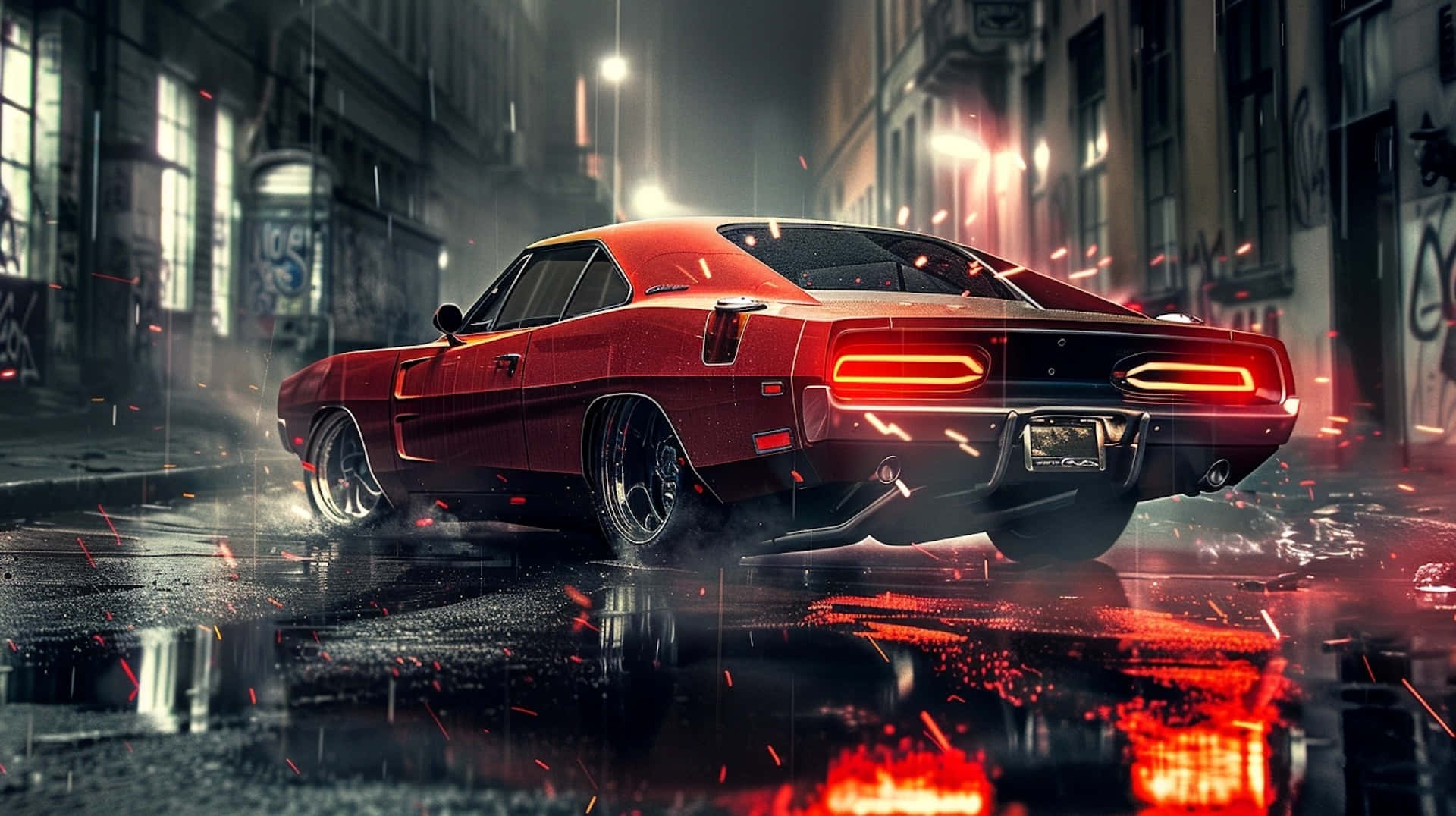 Red Hellcat Charger Rainy Night Cityscape Wallpaper