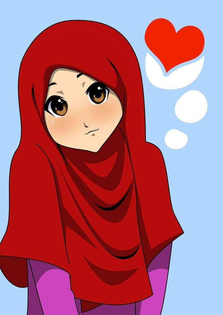 Cartoneanimato Con Hijab Rosso Sfondo
