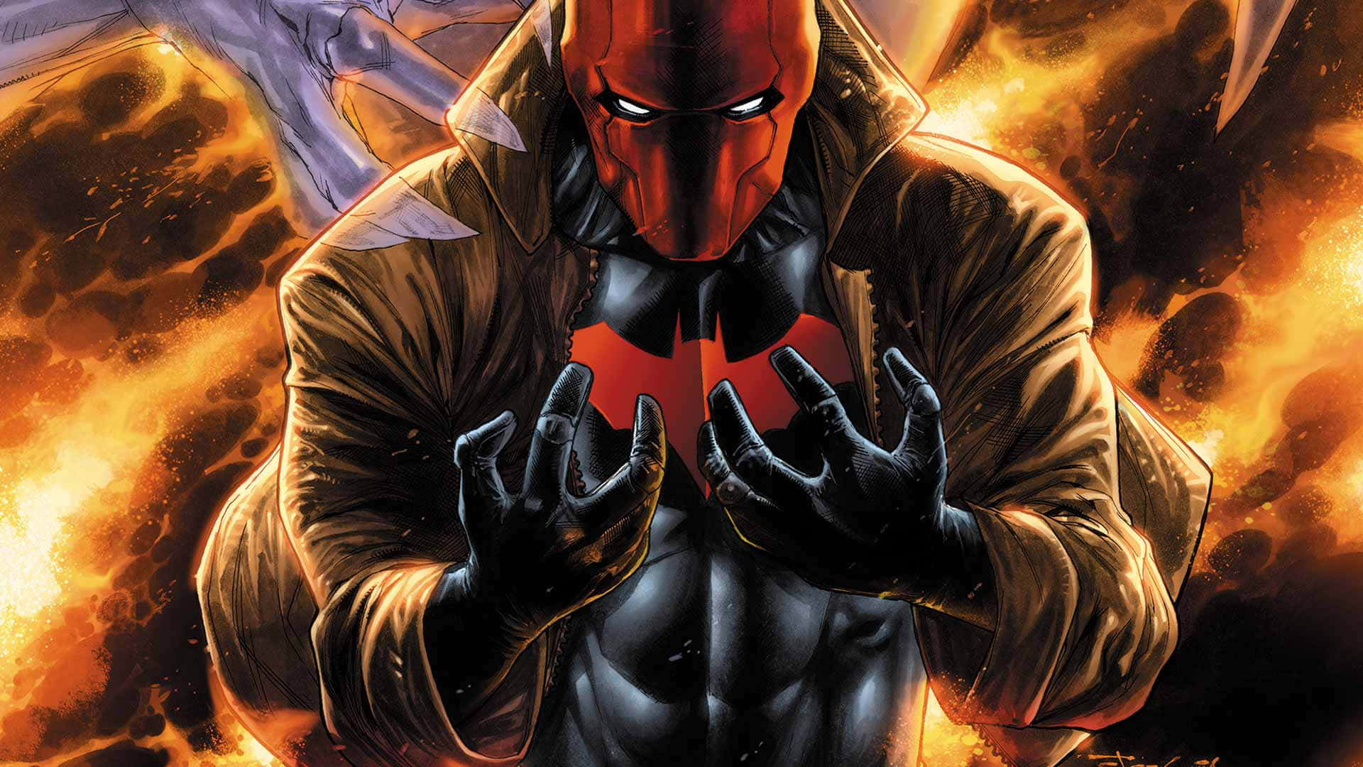 Red Hood stands triumphantly amongst danger