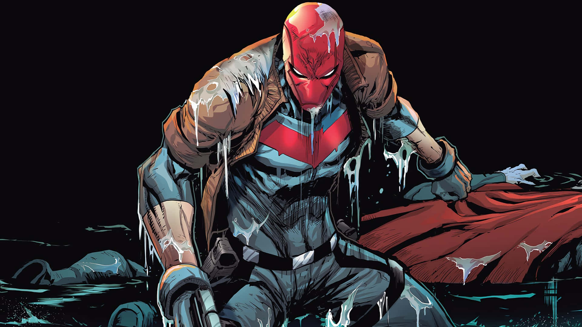 Red Hood dons his iconic red cape to take on the world.