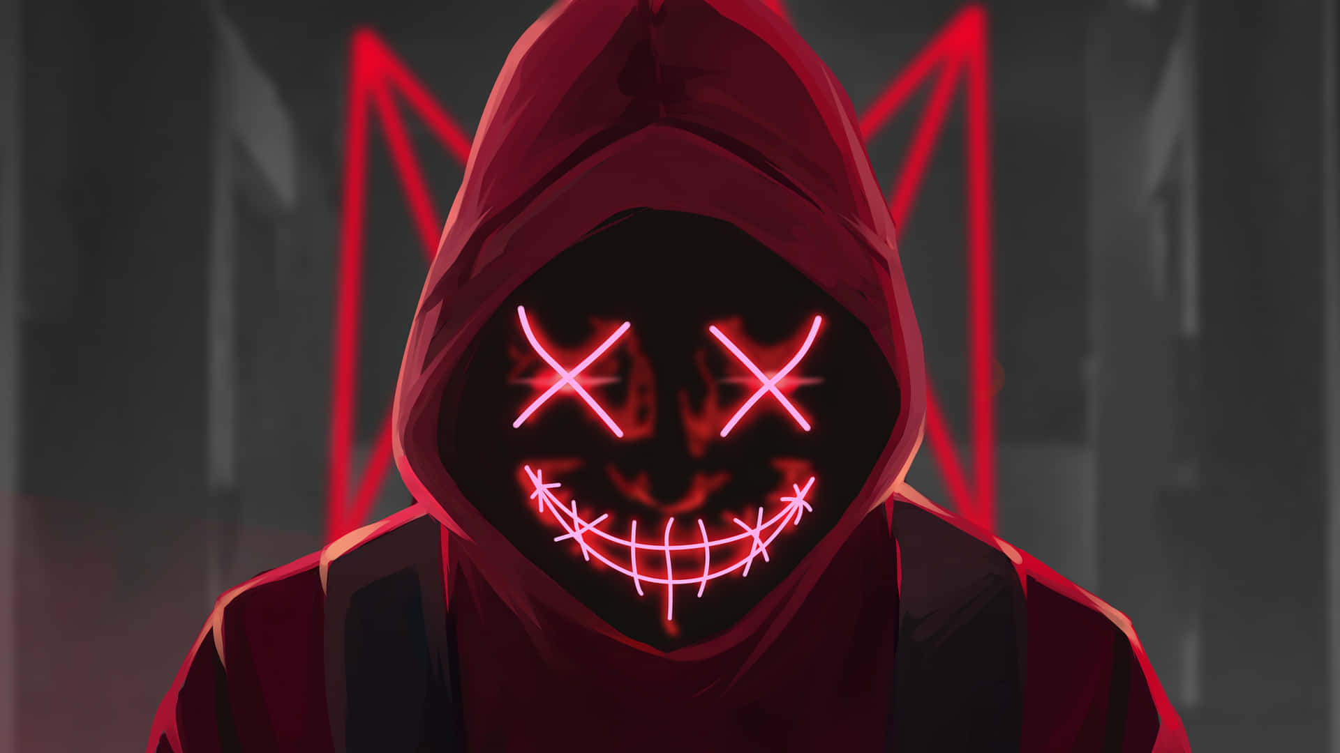 Red Hooded Figurewith Neon Mask Wallpaper