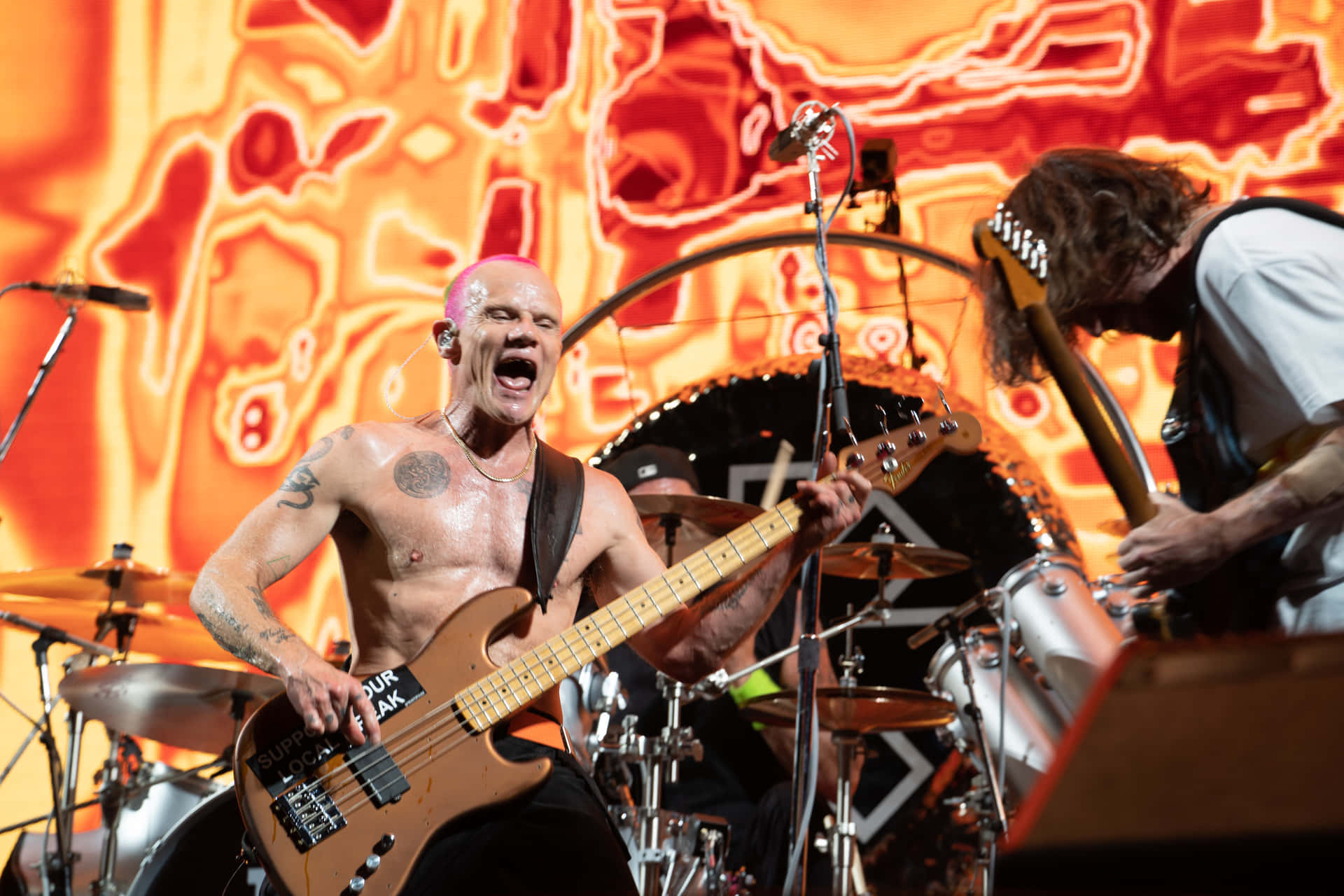 Red Hot Chili Peppers Flea Strumming A Guitar Wallpaper