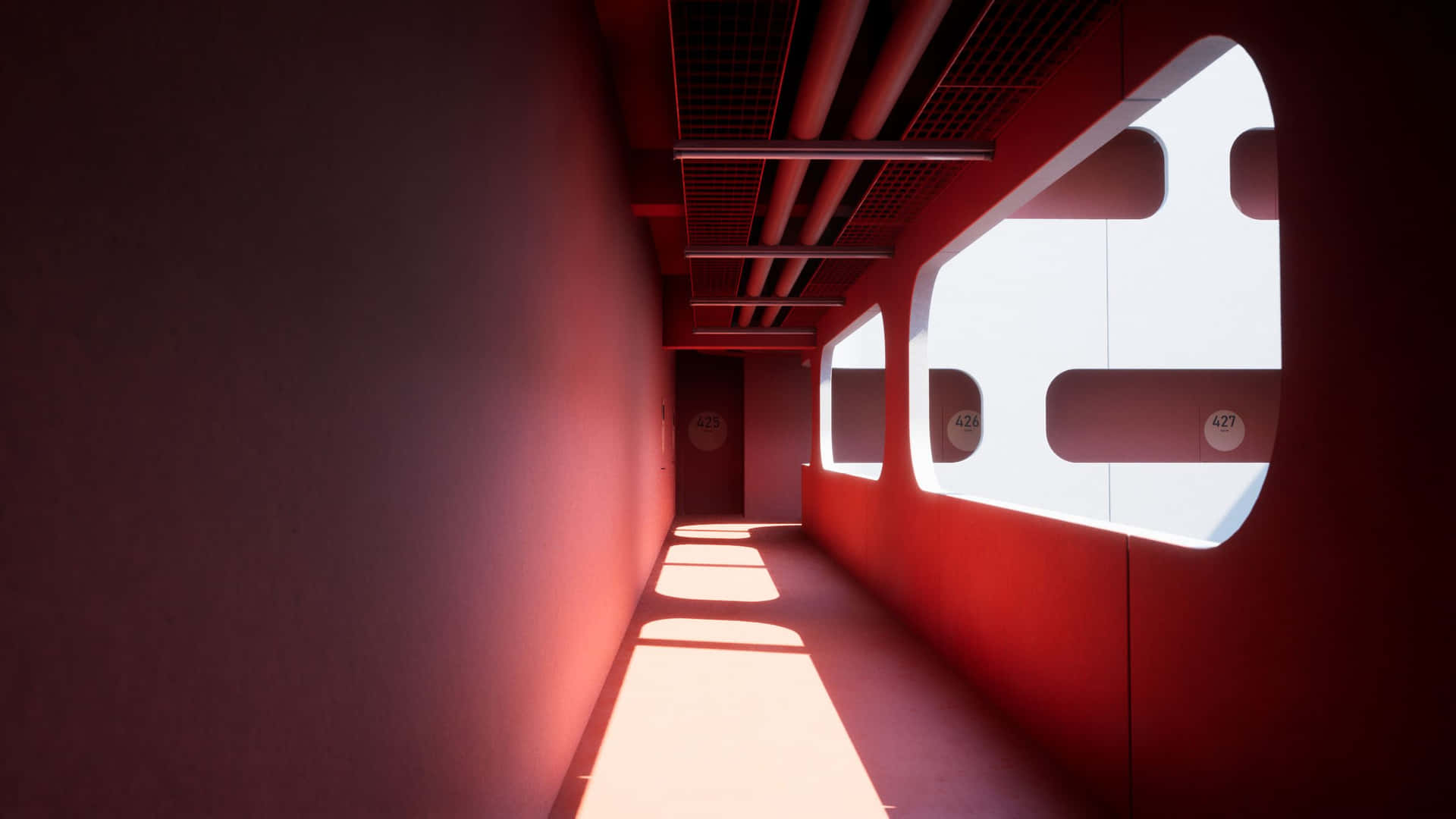 Red Hued Corridor Liminal Space Wallpaper