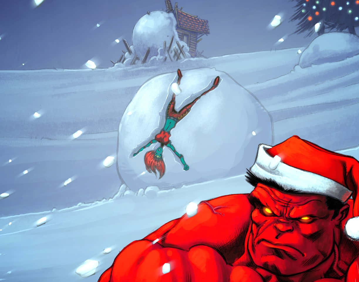 Red Hulk Santa Hat Snowball Fight Wallpaper