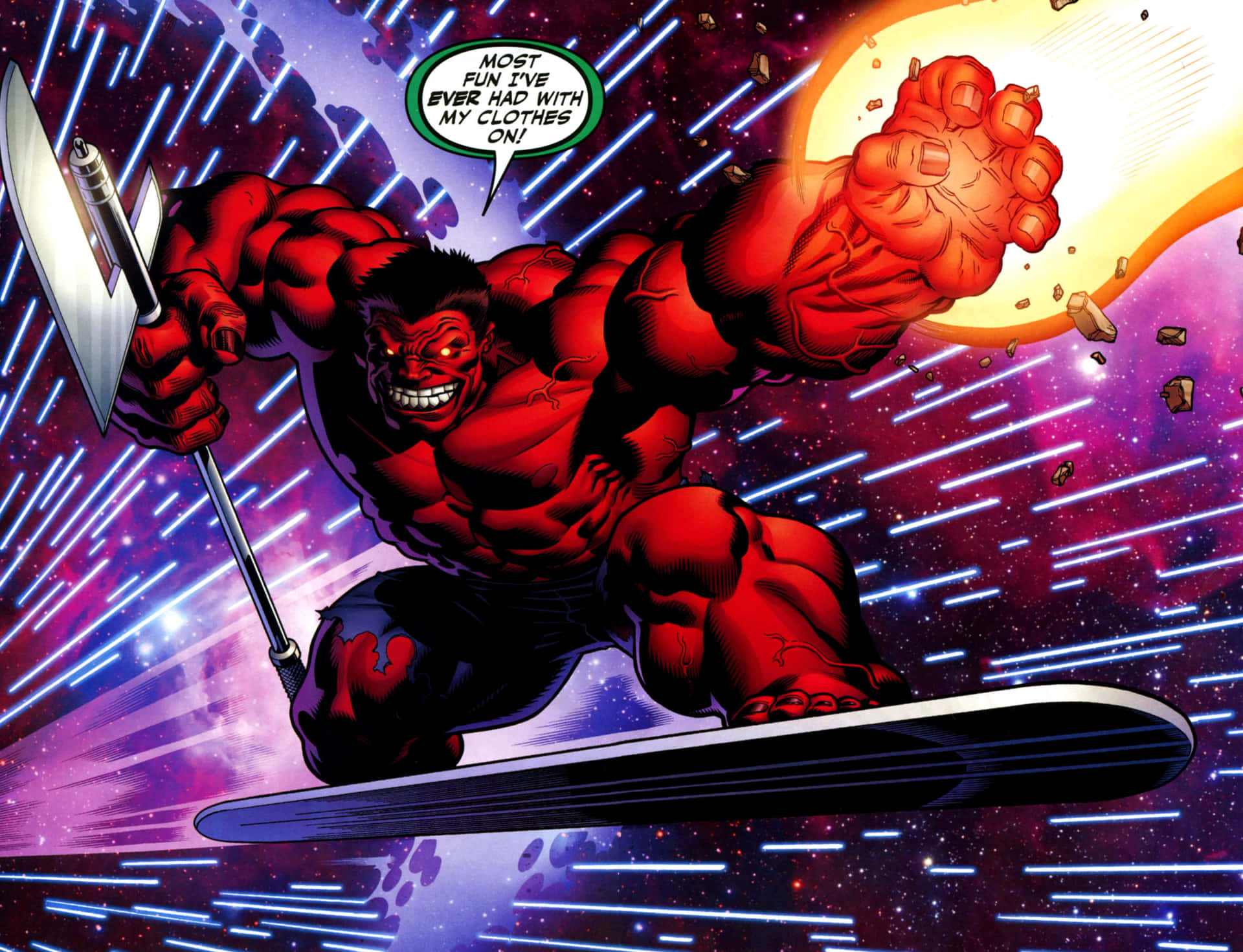 Red Hulk Surfs Cosmic Waves Wallpaper