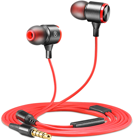 Red In Ear Earphoneswith Gold Plug PNG