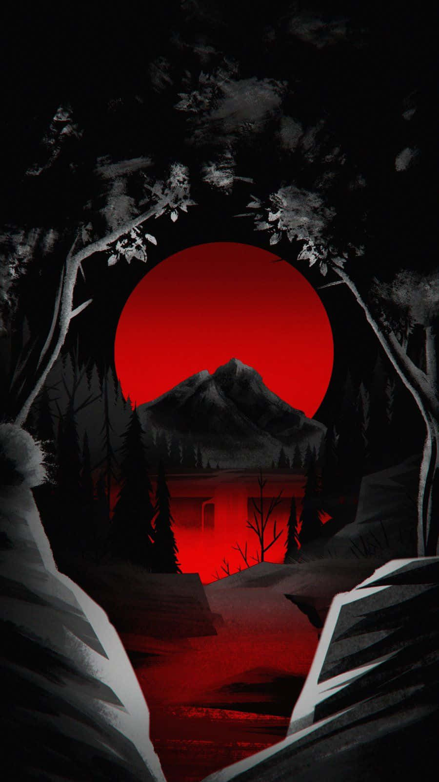 A Red Sun Is Seen In The Background Of A Forest Wallpaper