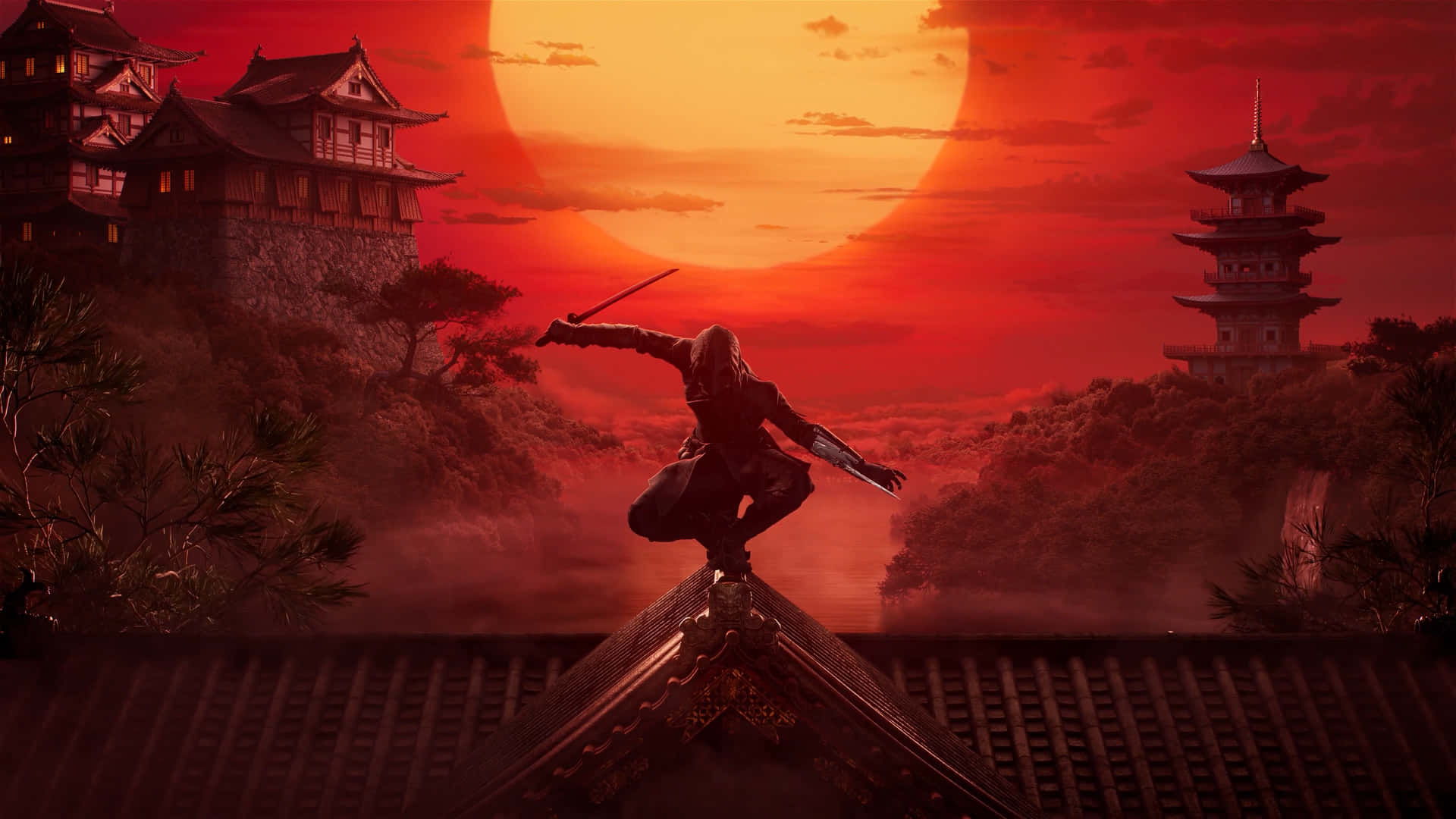 A Man Is Standing On Top Of A Roof With A Sword Wallpaper