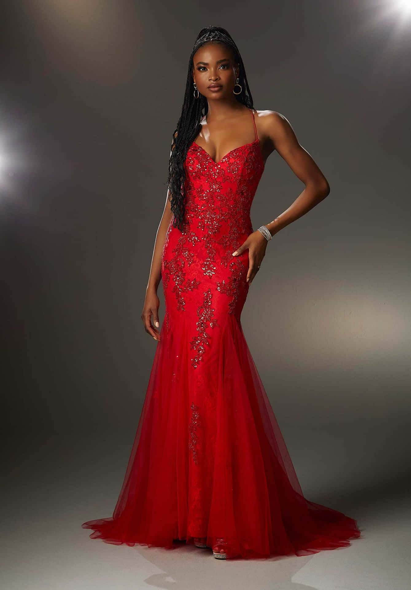 Elegant Woman in Red Lace Dress Wallpaper