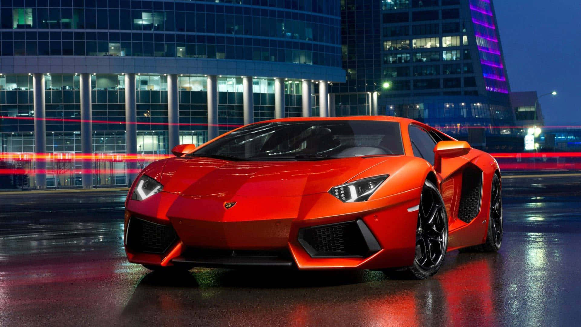 Red Lamborghini Aventador Night Cityscape Wallpaper
