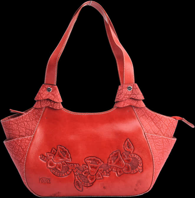 Red Leather Floral Embossed Handbag PNG