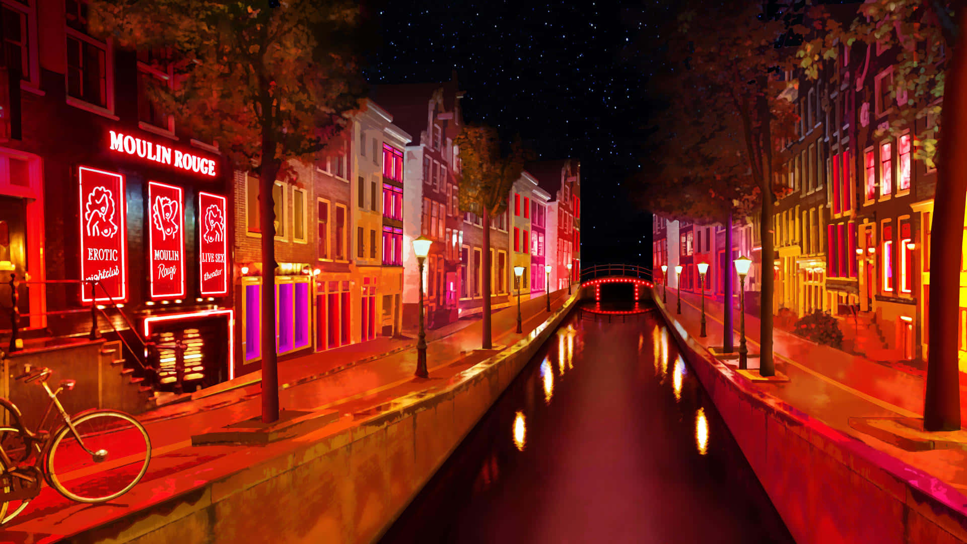 A vibrant night scene in the Red Light District Wallpaper
