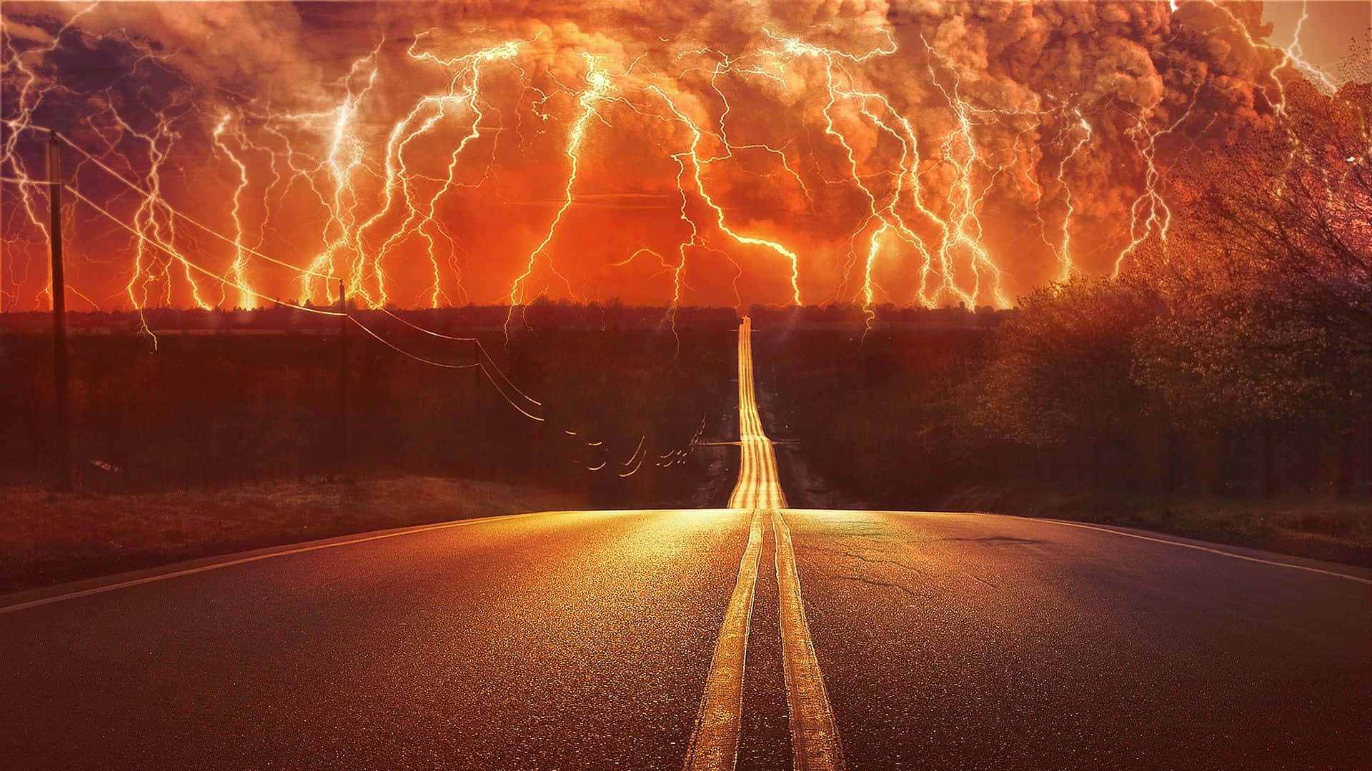 Red Lightning Road Stormy Sky Wallpaper