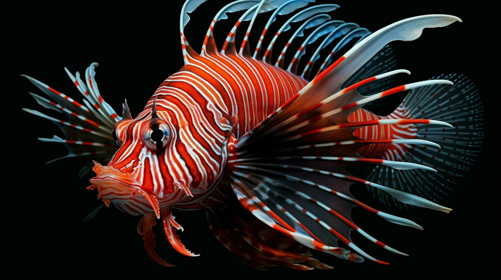 Red Lionfish Swimming Black Background Wallpaper