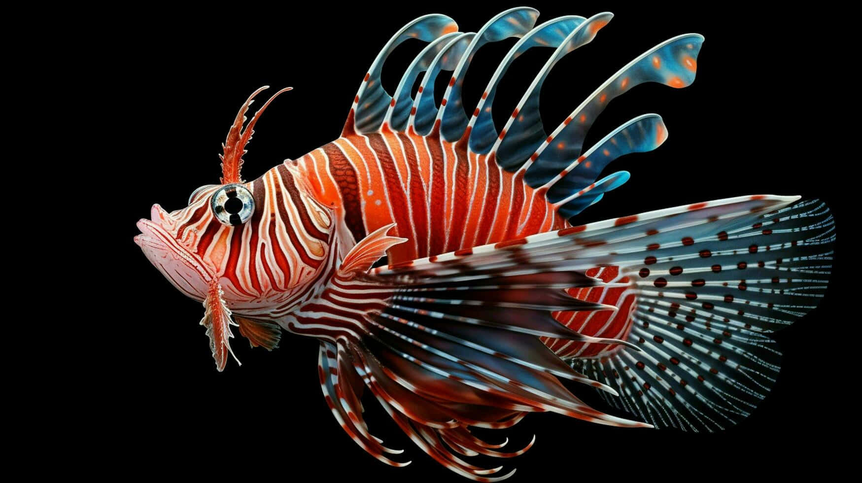 Red Lionfish Swimming Black Background Wallpaper