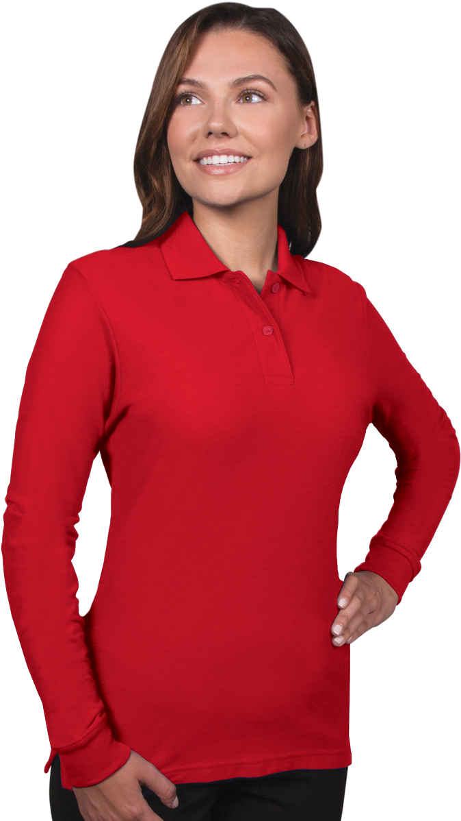 Red Long Sleeve Polo Shirt Woman PNG
