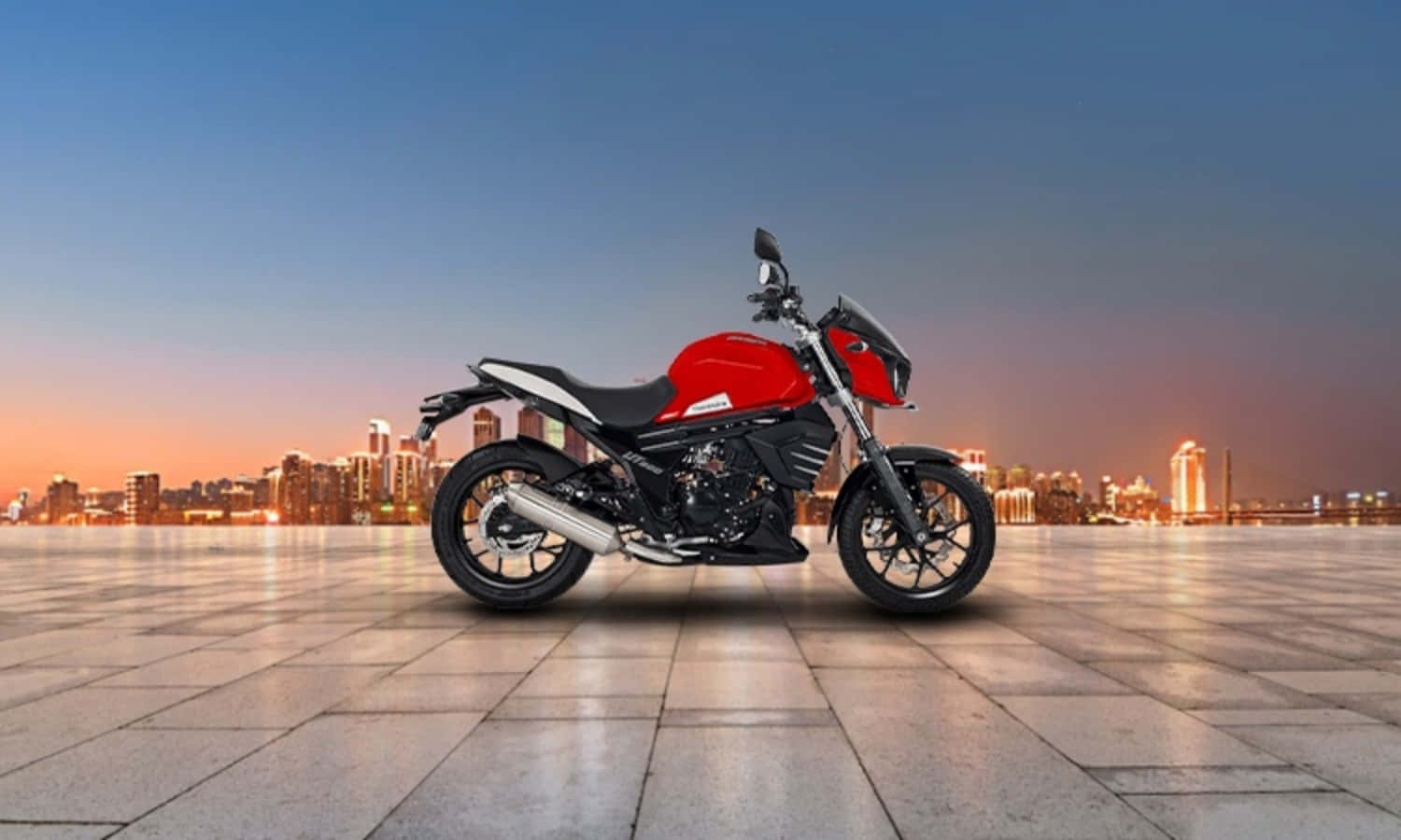 Red Mahindra Mojo Motorcycle Cityscape Background Wallpaper