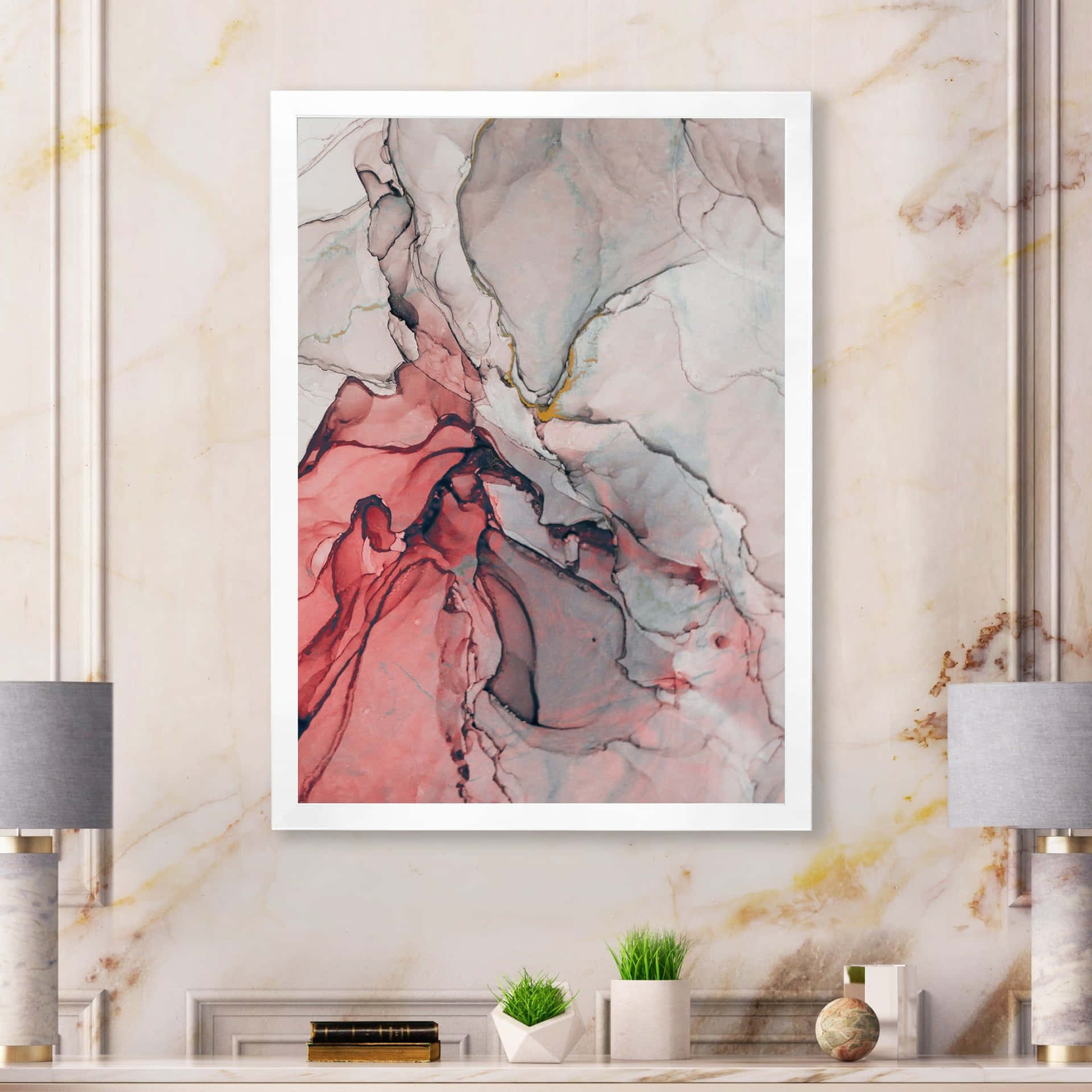A Pink And White Abstract Painting On A Wall