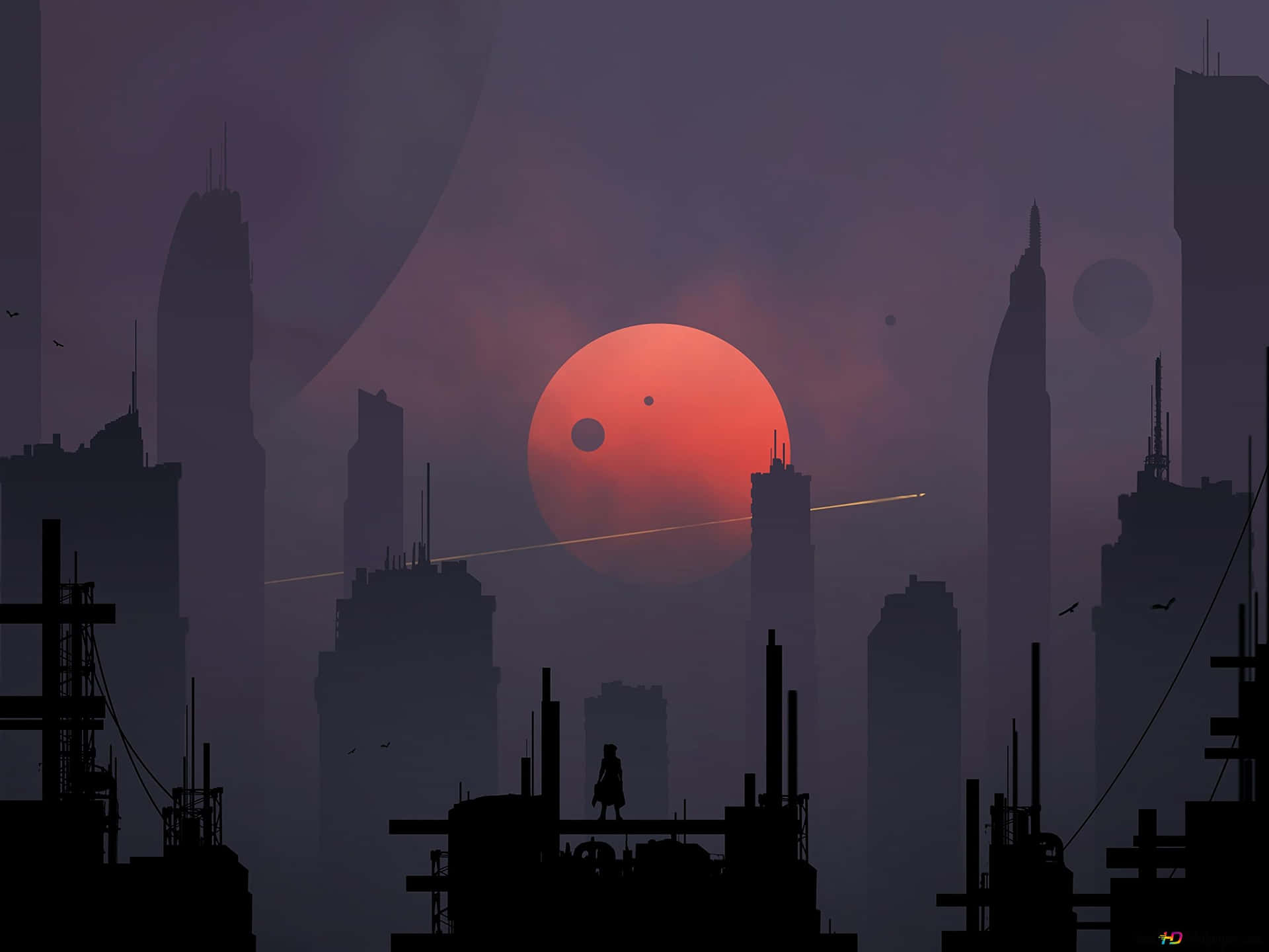 Red Moon Cityscape Silhouette Wallpaper