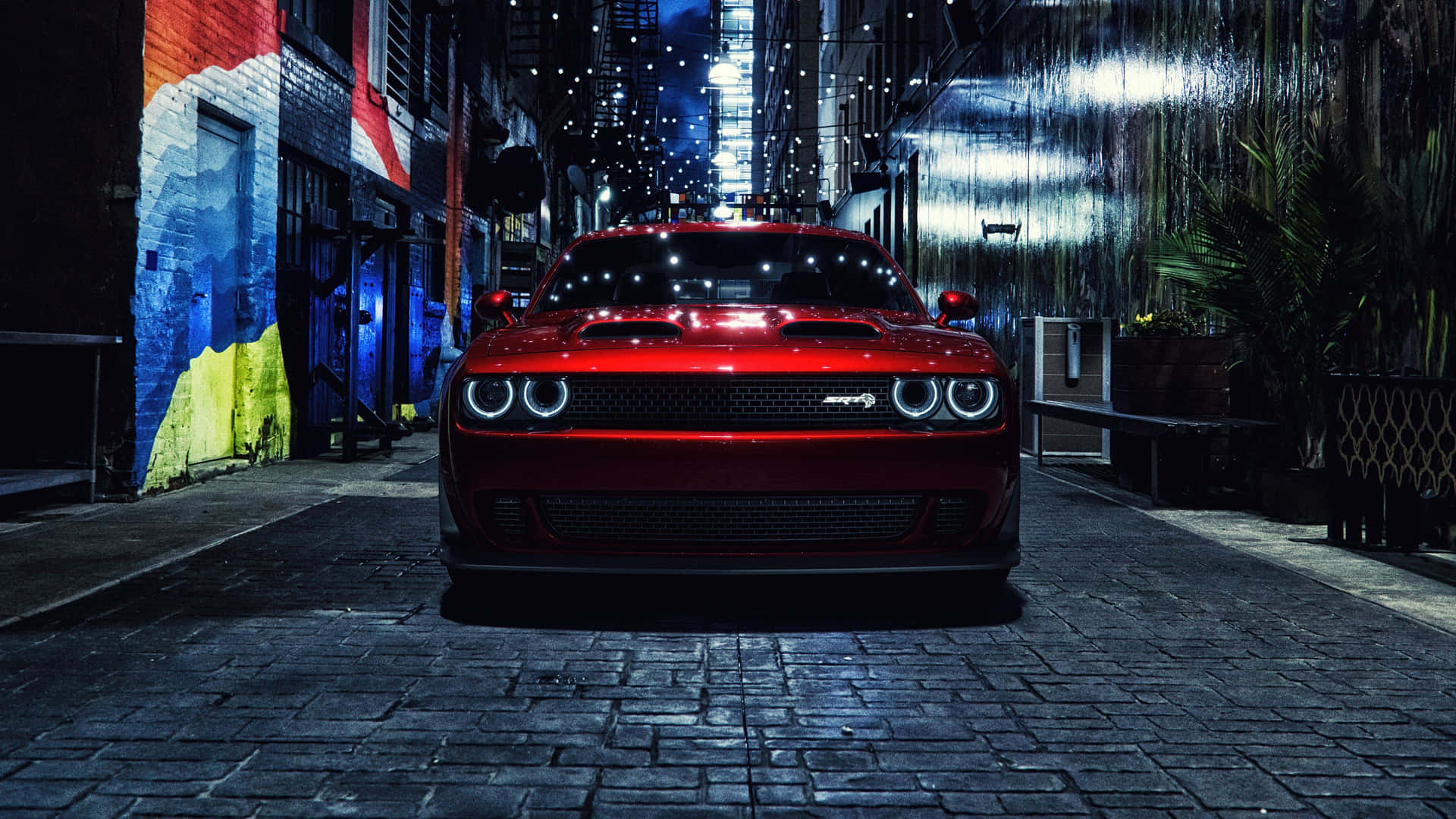 Red Muscle Car Night Cityscape Wallpaper