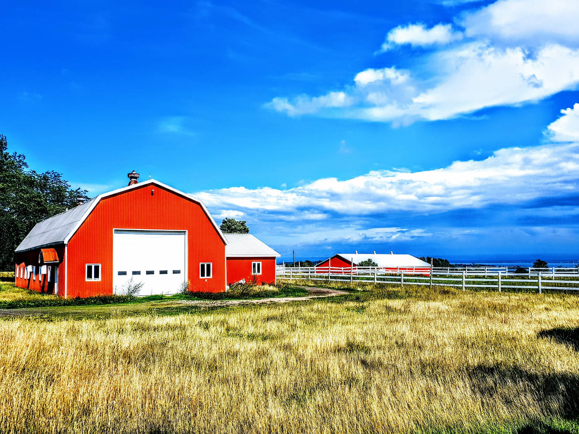 Red Orange Painted Barn Shed In Farm Wallpaper