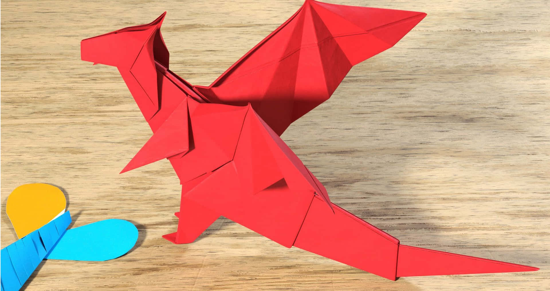 Red Origami Dragon Wooden Surface Wallpaper