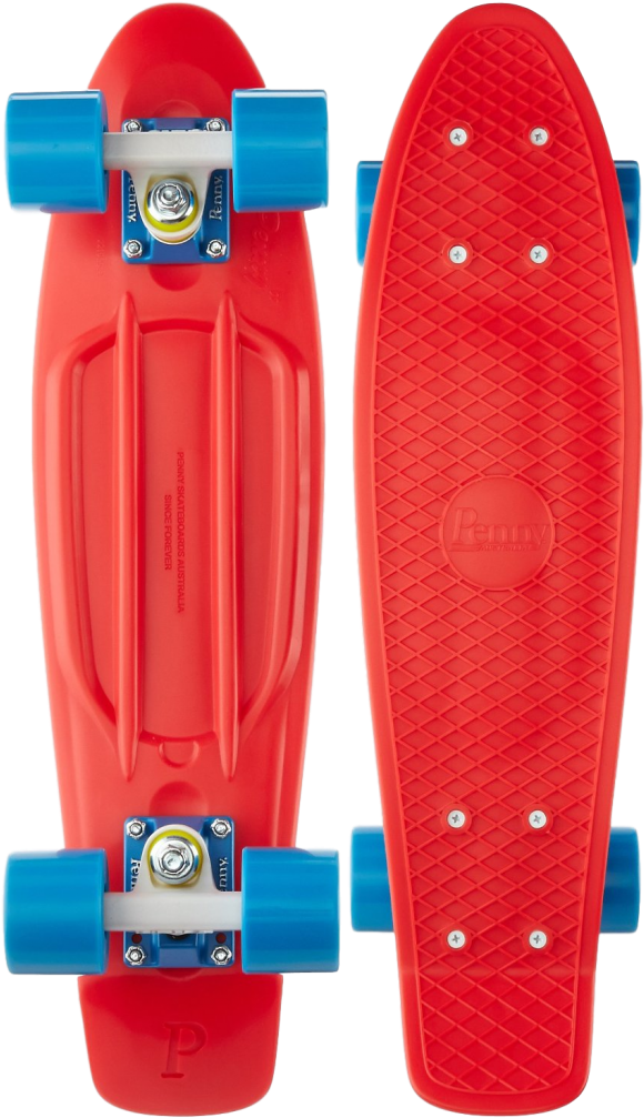 Red Penny Skateboardwith Blue Wheels PNG