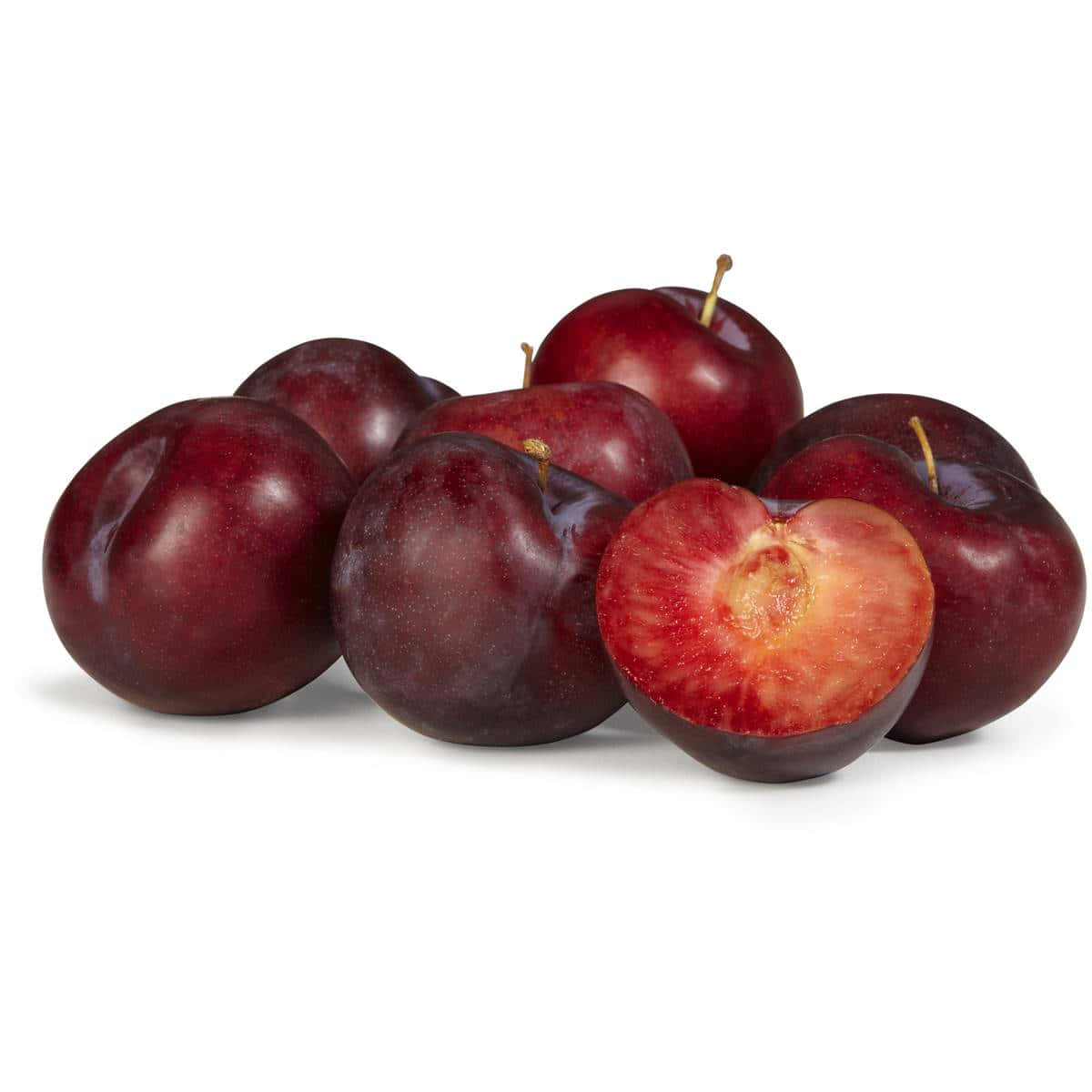 Caption: Juicy Red Plum on Wooden Surface Wallpaper