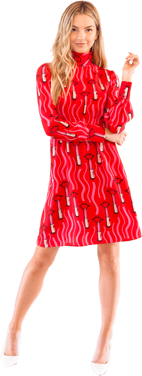 Red Printed Dress Model Posing PNG