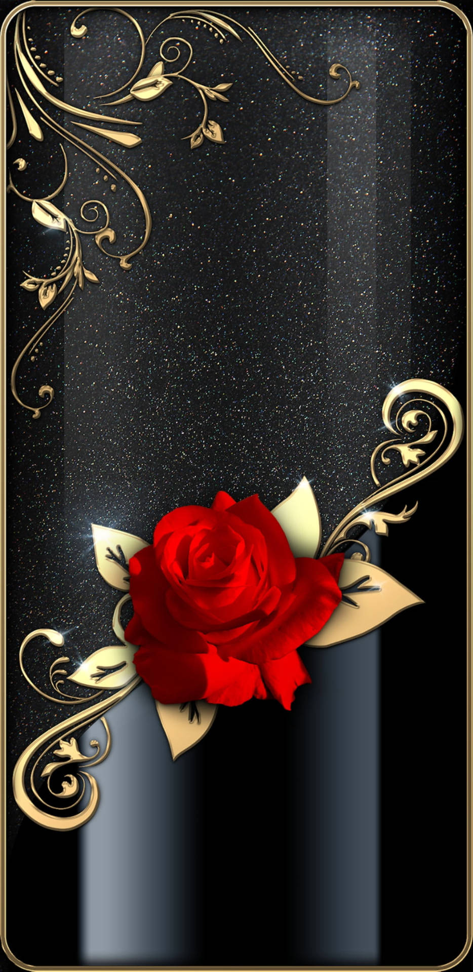 Caption: Elegant Black and Gold iPhone adorned with a Stunning Red Rose Wallpaper