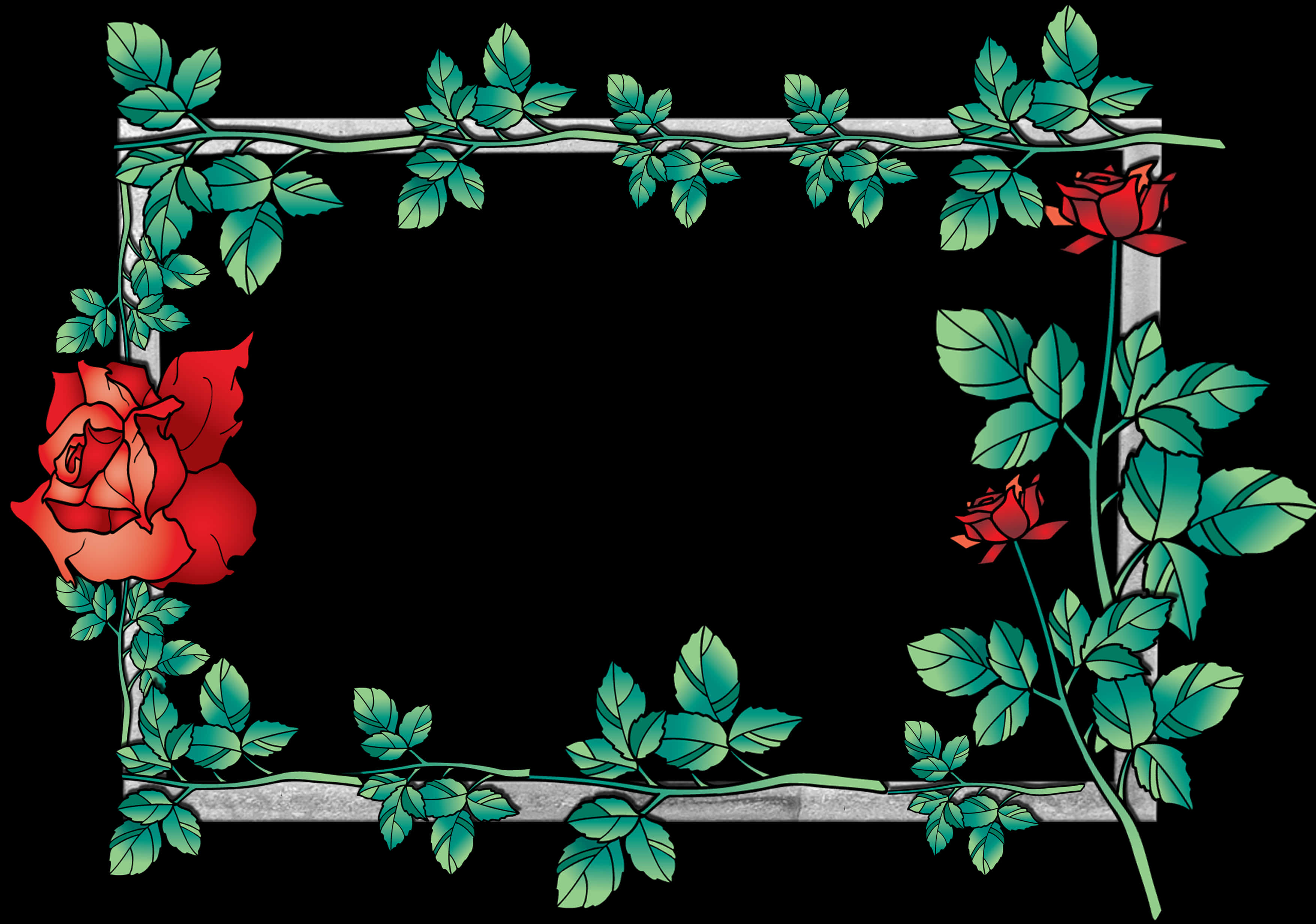 Red Roses Green Leaves Floral Border PNG