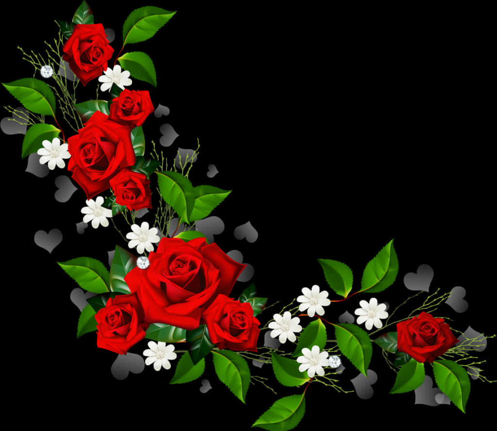 Red Roses White Flowers Black Background PNG