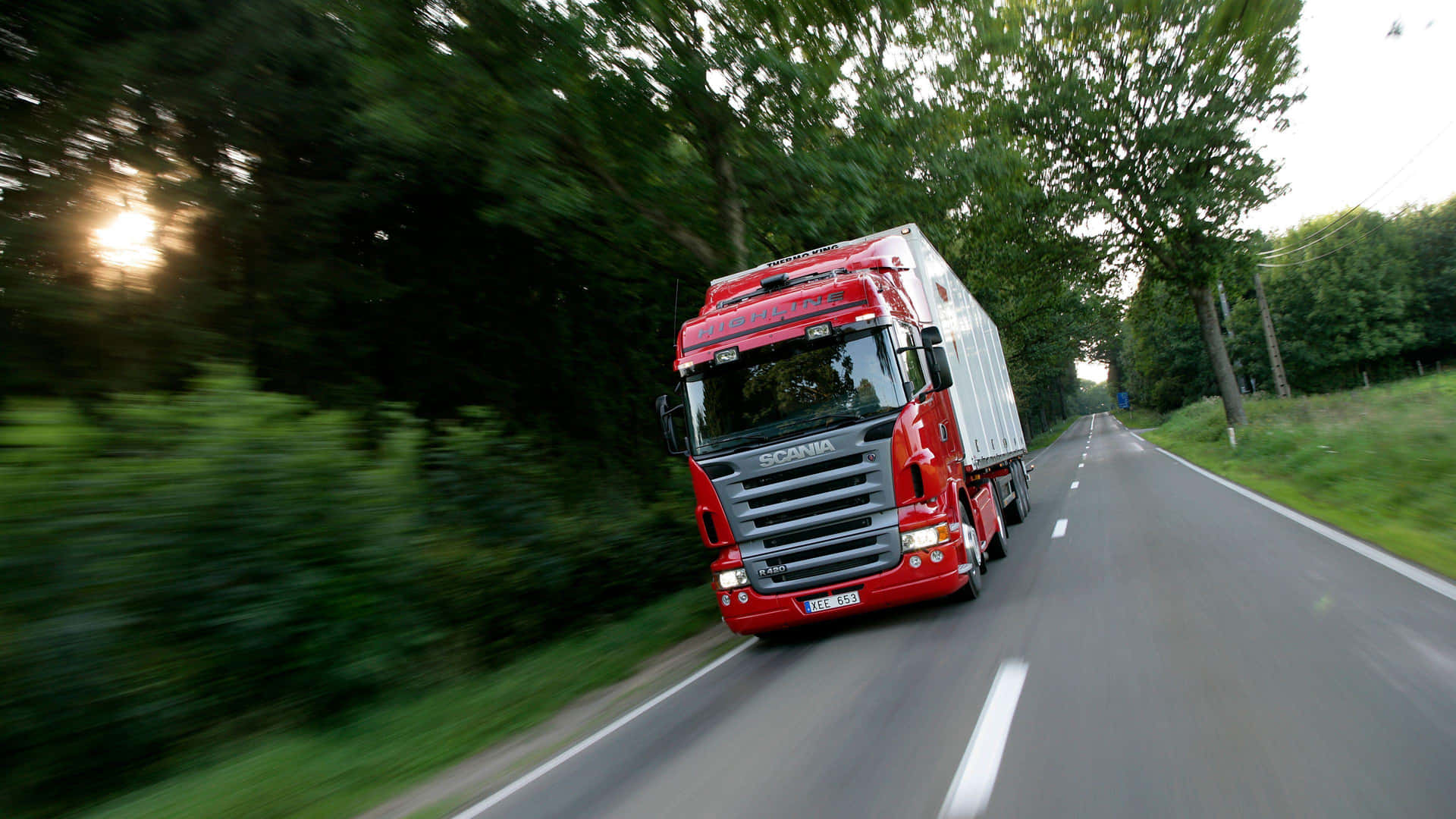 Red Scania Truck On Road Wallpaper