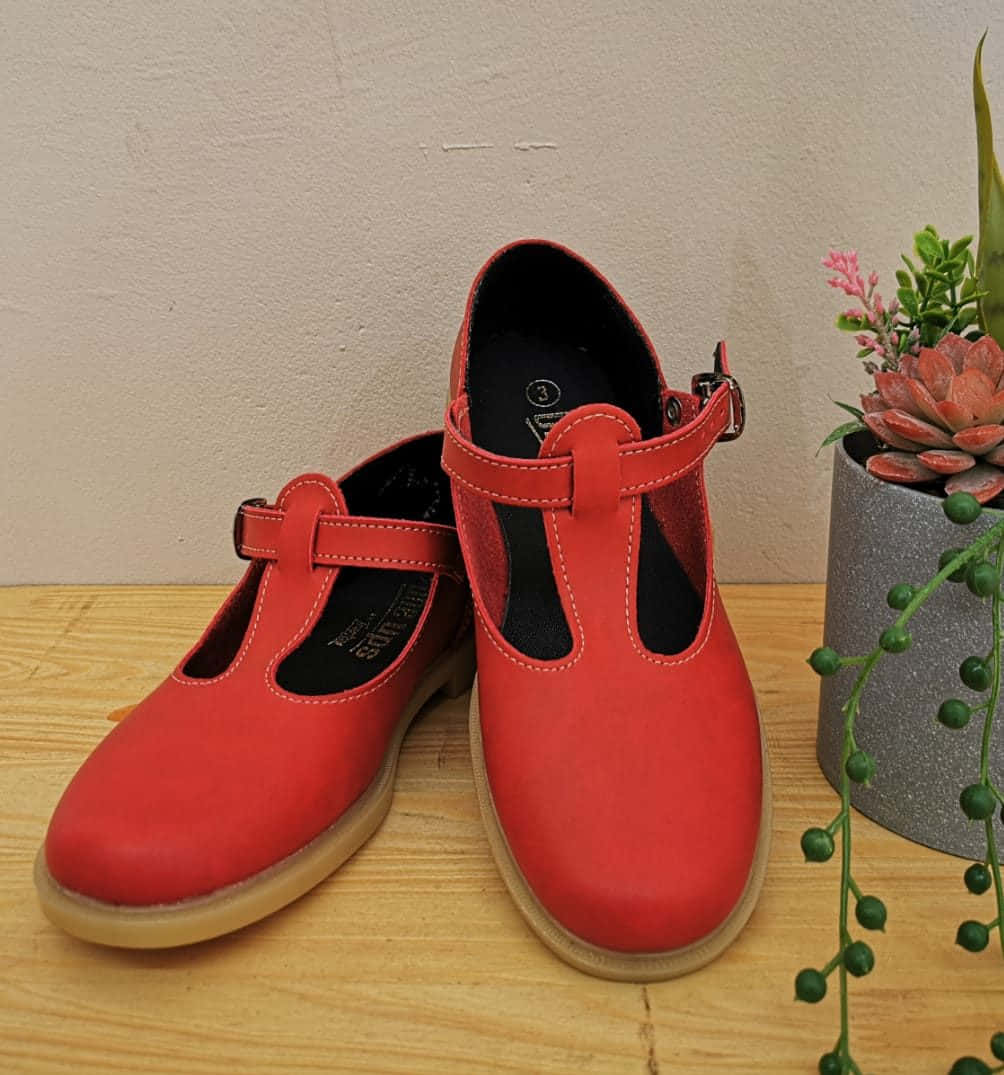 Caption: Trendy Red Shoes on a Bold Wallpaper Background Wallpaper