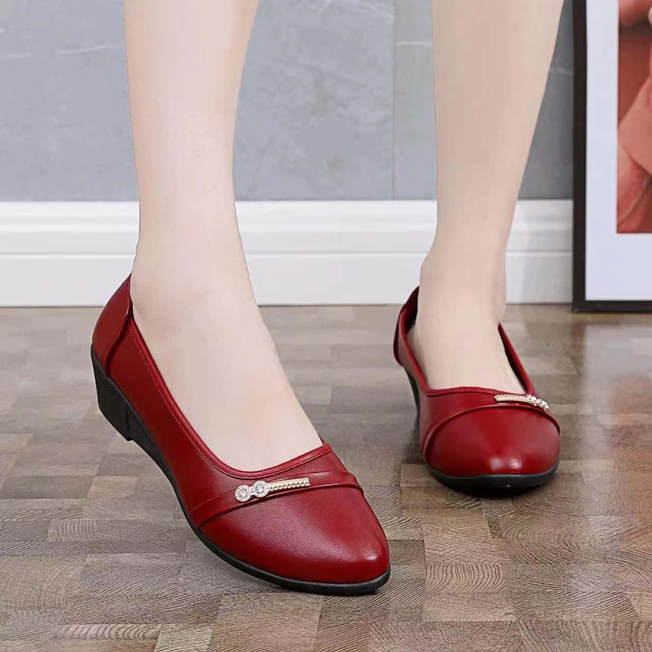 Stylish Red Shoes on a Wooden Floor Wallpaper