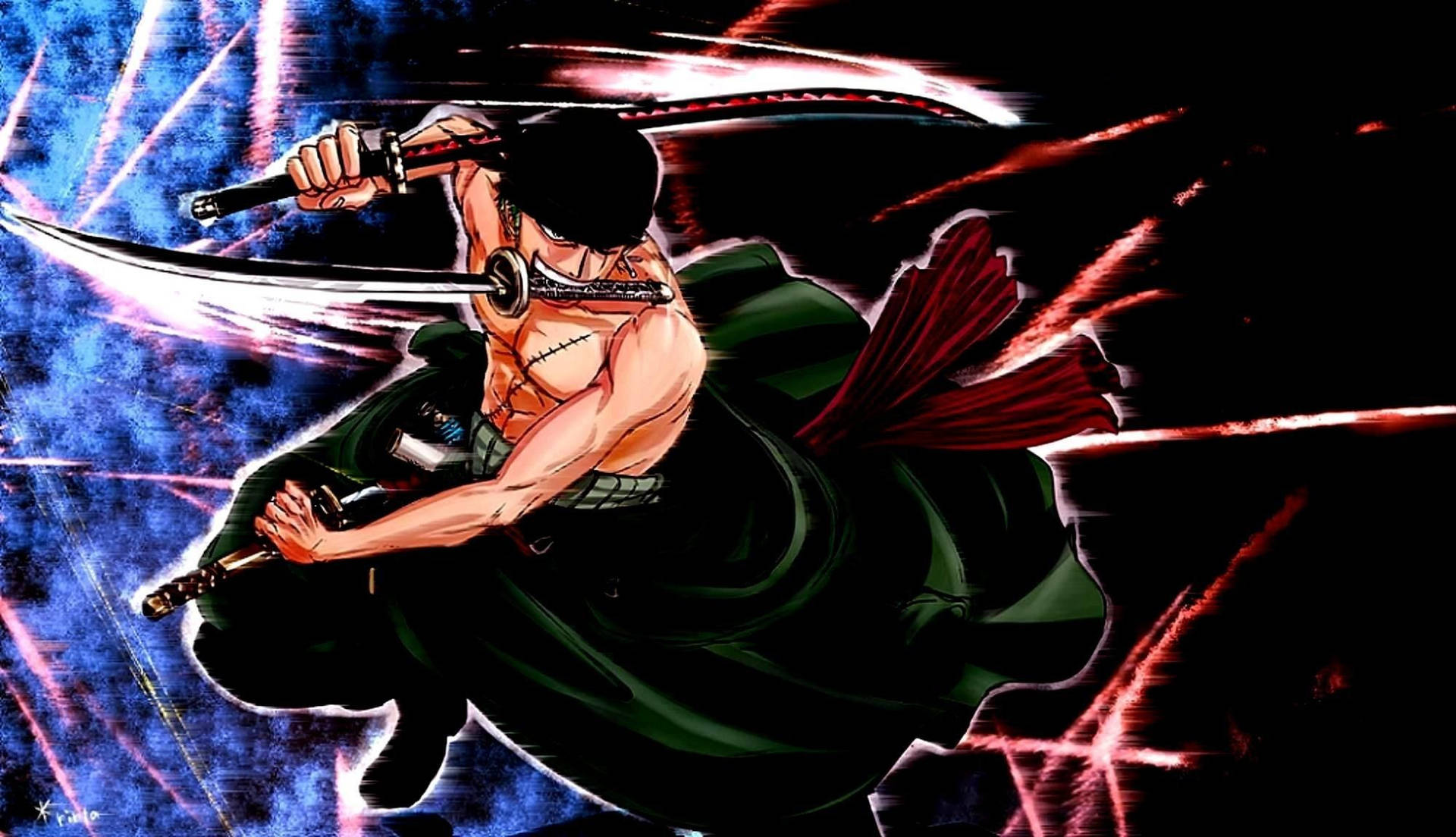The iconic Roronoa Zoro leaps into action with his blazing swords. Wallpaper