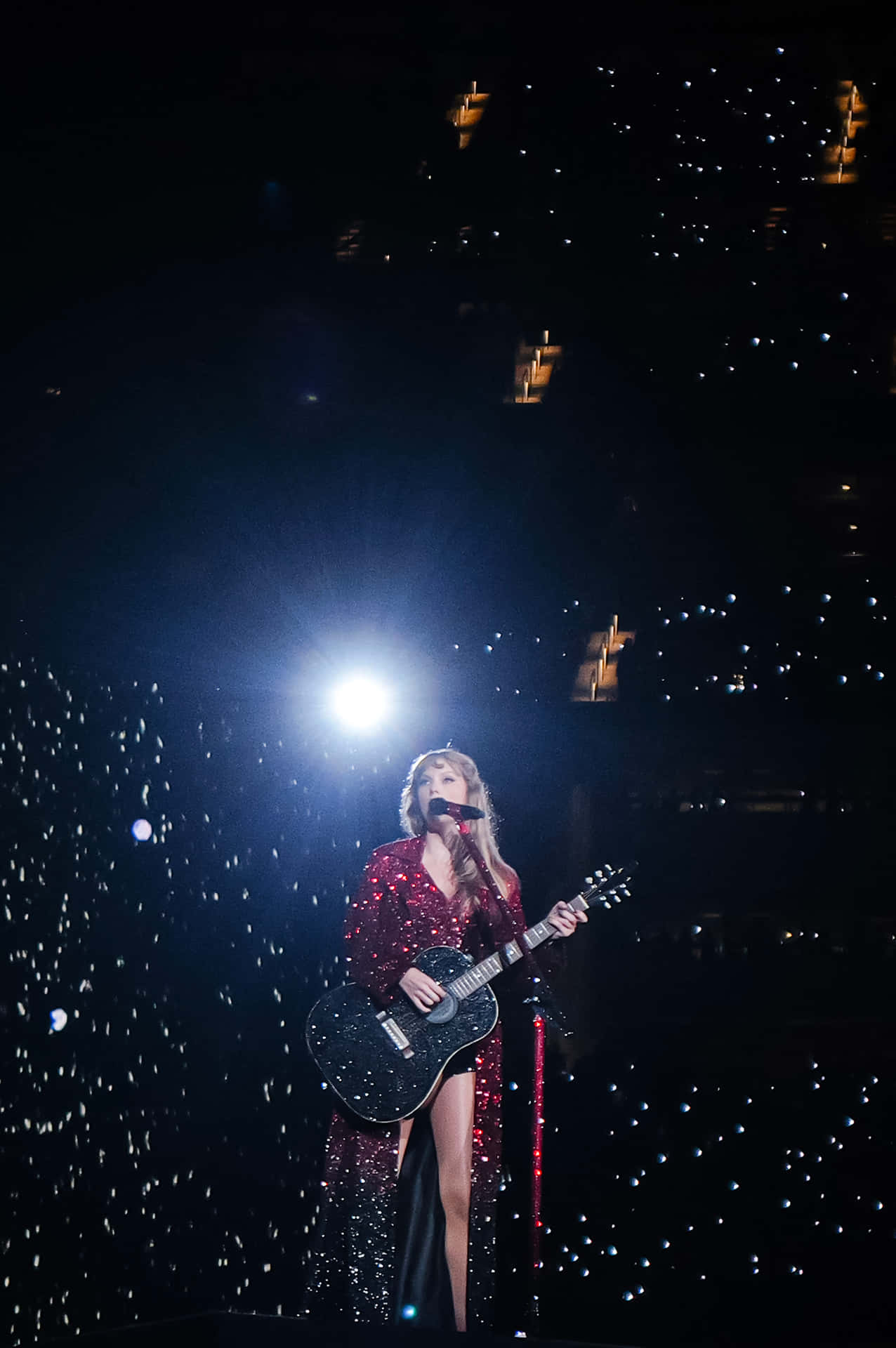 Red Sparkle Guitar Performance Wallpaper