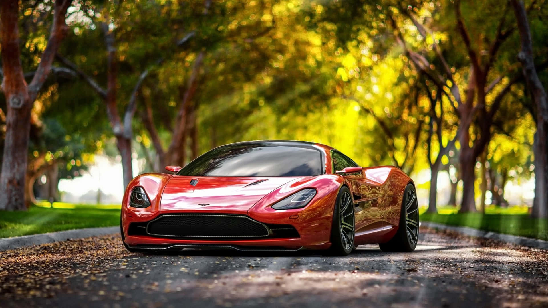 Red Sports Car Autumn Parkway Wallpaper