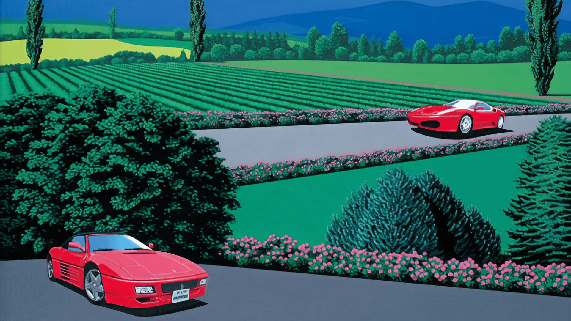 Red Sports Cars Countryside Artwork Wallpaper