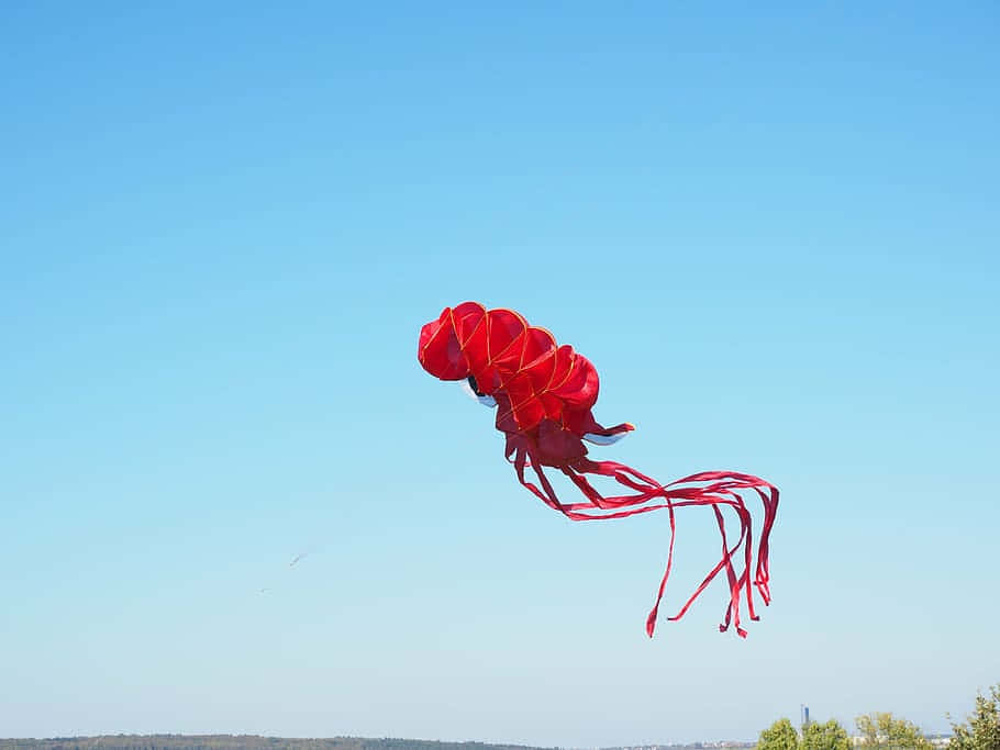 Red Squid Kite Flying Against Blue Sky Wallpaper