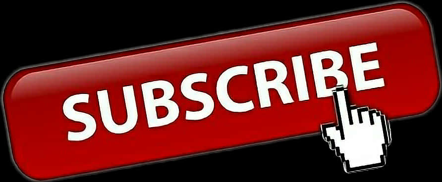 Red Subscribe Button Cursor Wallpaper — A glossy red rectangular button with bold white text reading subscribe is clicked by a white pixelated hand cursor against a black background.