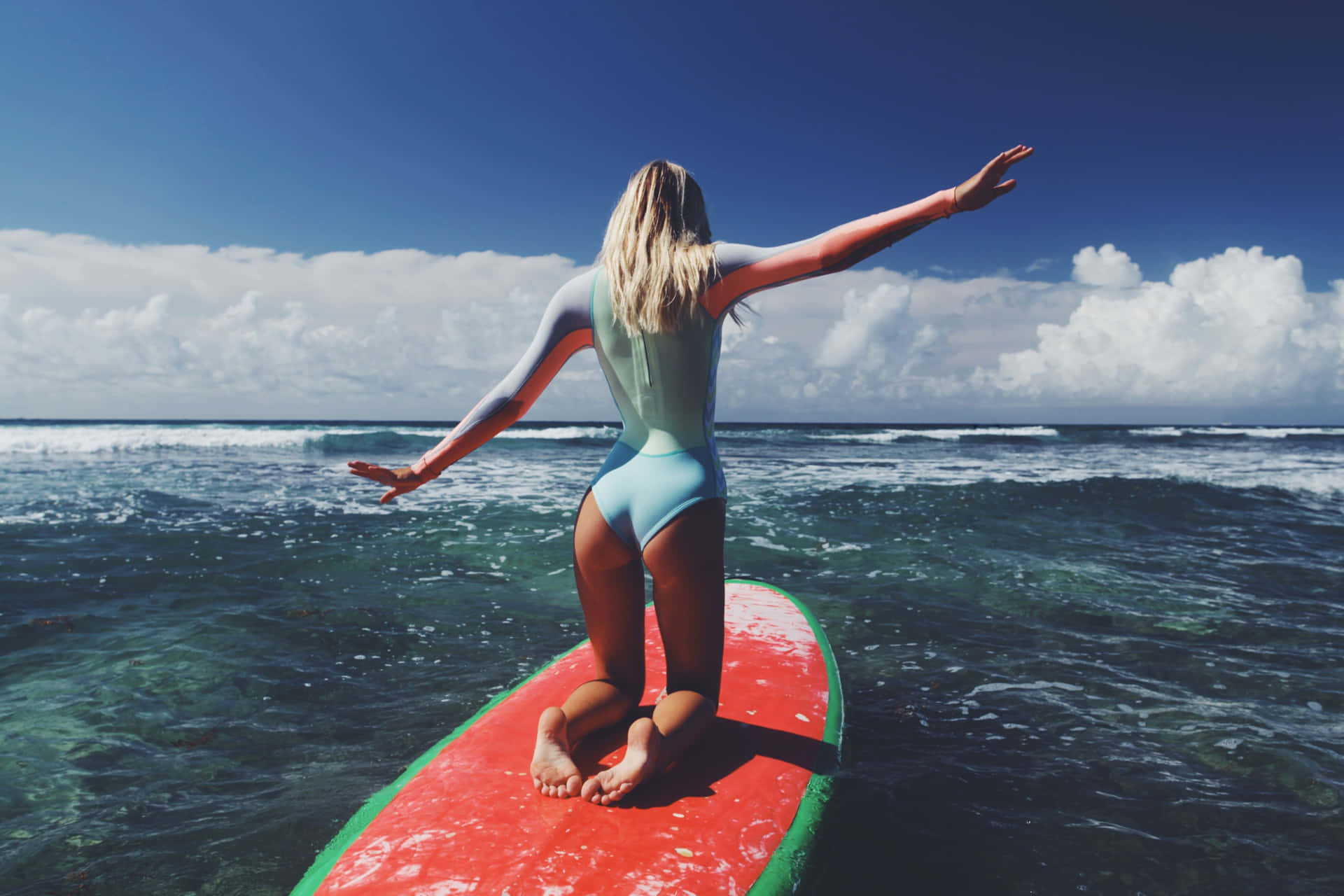 Red Surfboard Woman Wallpaper