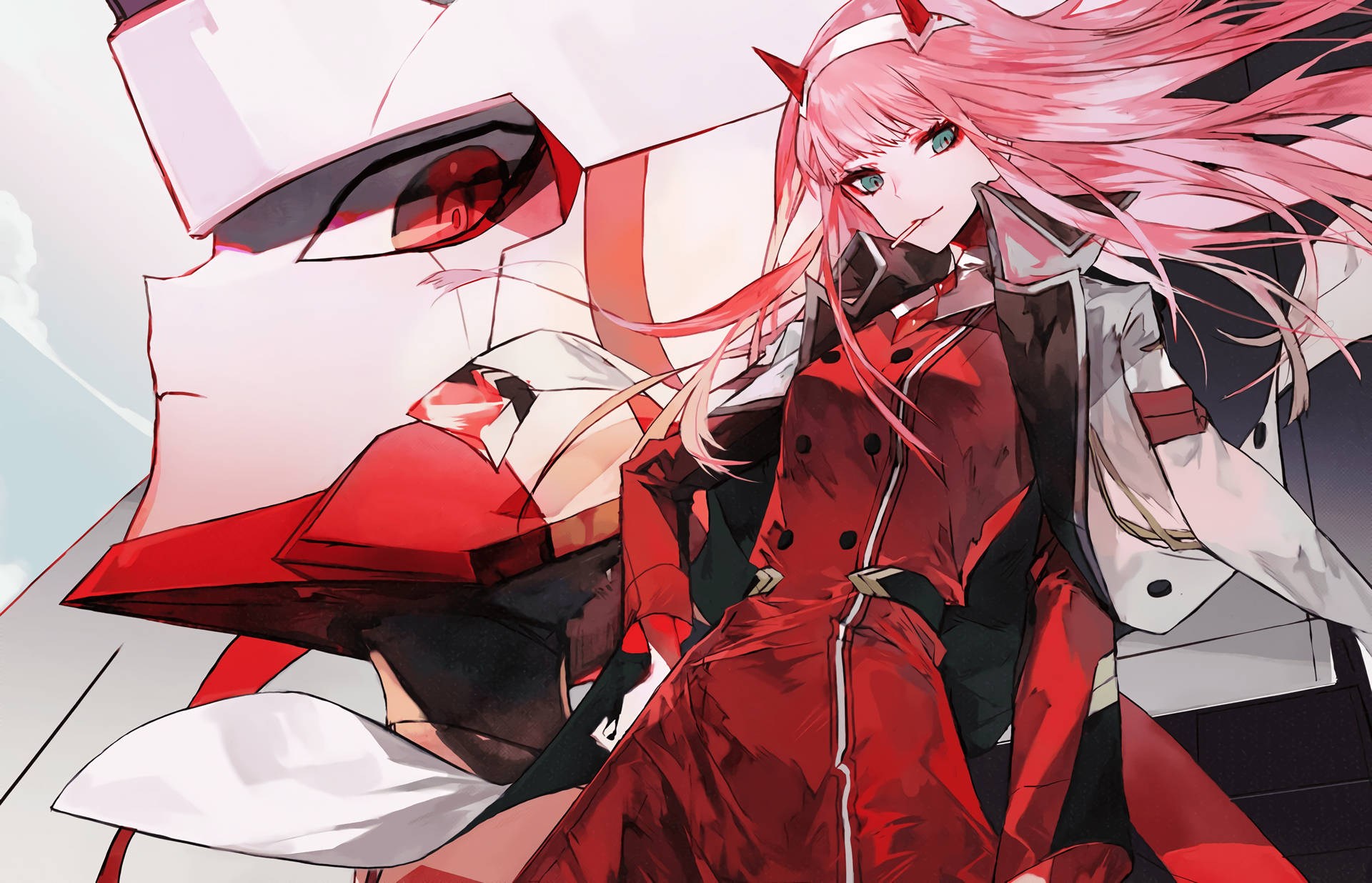 "Passionate romantics Hiro and Zero Two in their 'Darling in the Franxx'" Wallpaper